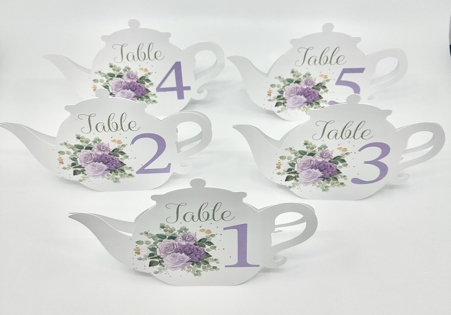 Table Sign Assignment Teapot for Bridal Baby Shower Birthday Events Purple Rose Sage Eucalyptus