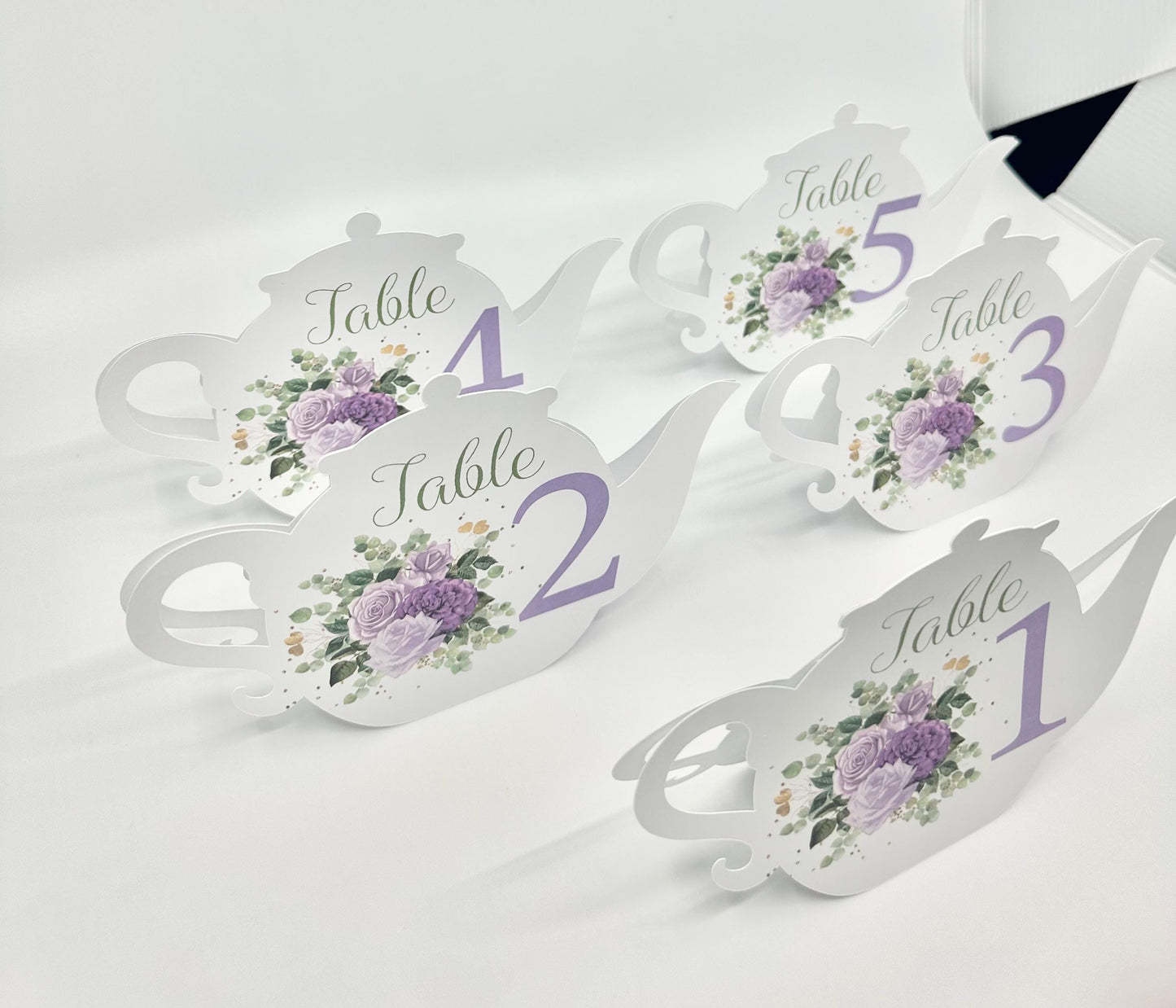 Table Sign Assignment Teapot for Bridal Baby Shower Birthday Events Purple Rose Sage Eucalyptus