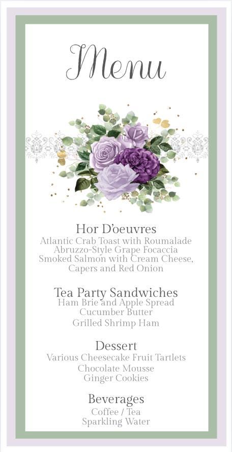 Purple Rose Tea Party Menu, Sage Eucalyptus Design (Digital)