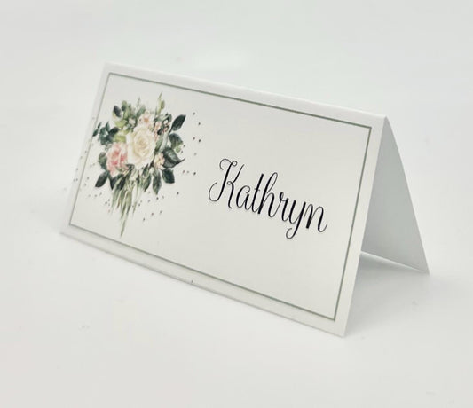 Bridal Shower Tea Party Table Seating Assignment Place Cards: Floral Bouquet, Sage Green
