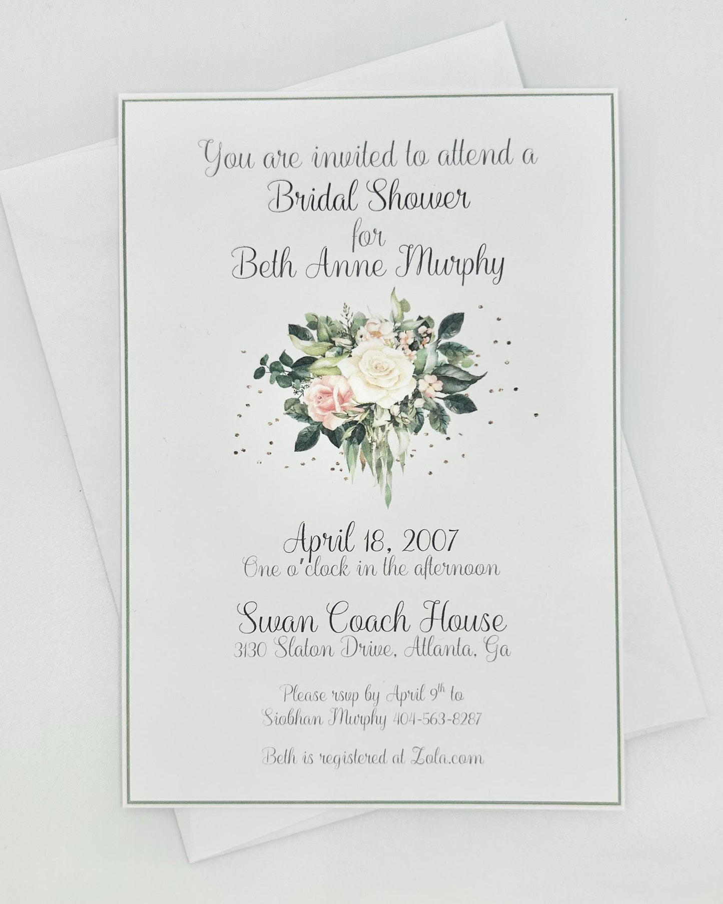 Bridal Shower Tea Party Table Seating Assignment Place Cards: Floral Bouquet, Sage Green