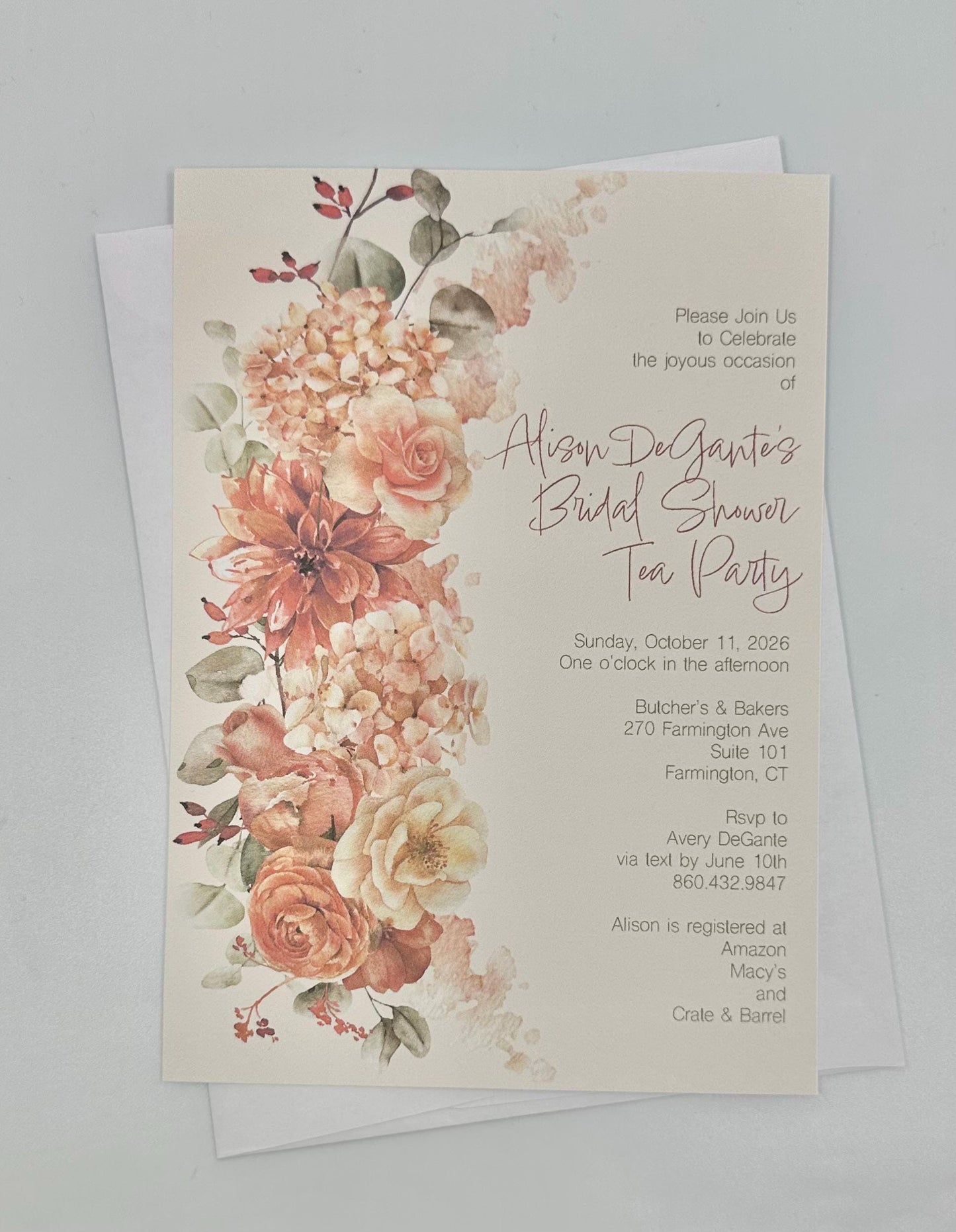 Terracotta Floral Place Cards Table seating assignment arrangement Bridal Shower Tea Party
