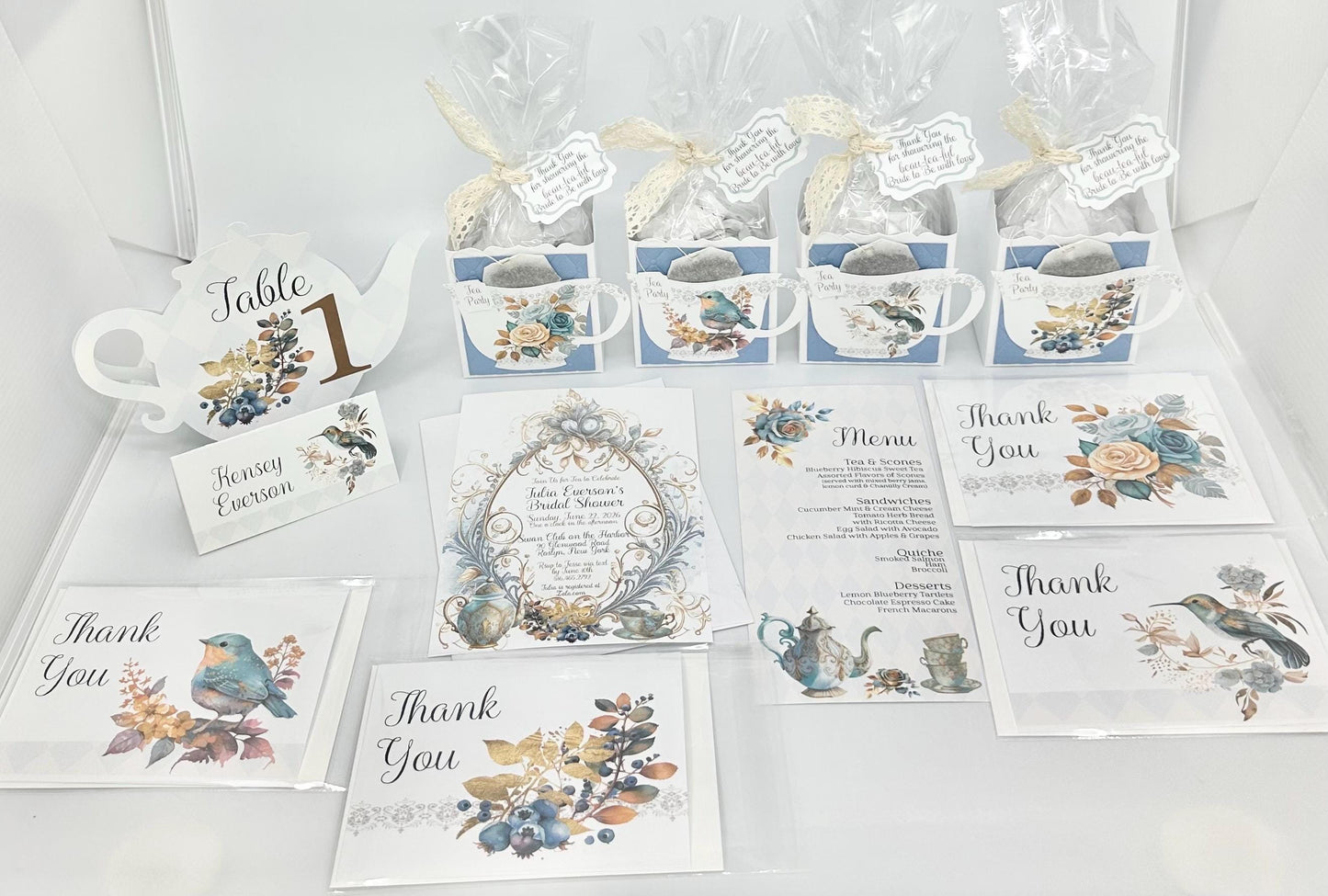 Bridal Shower Tea Party Pack Kit Blueberry Ensemble Invitation Menu Place card Party Favor Gift Box Bag Wedding Baby Birthday special event