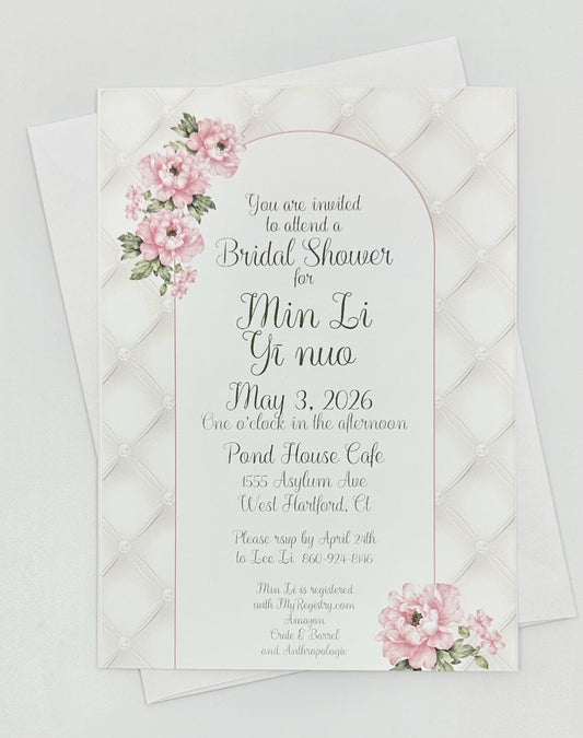 Pink Peony Bridal Shower Tea Party Kit: Tufted Invitation with Diamonds