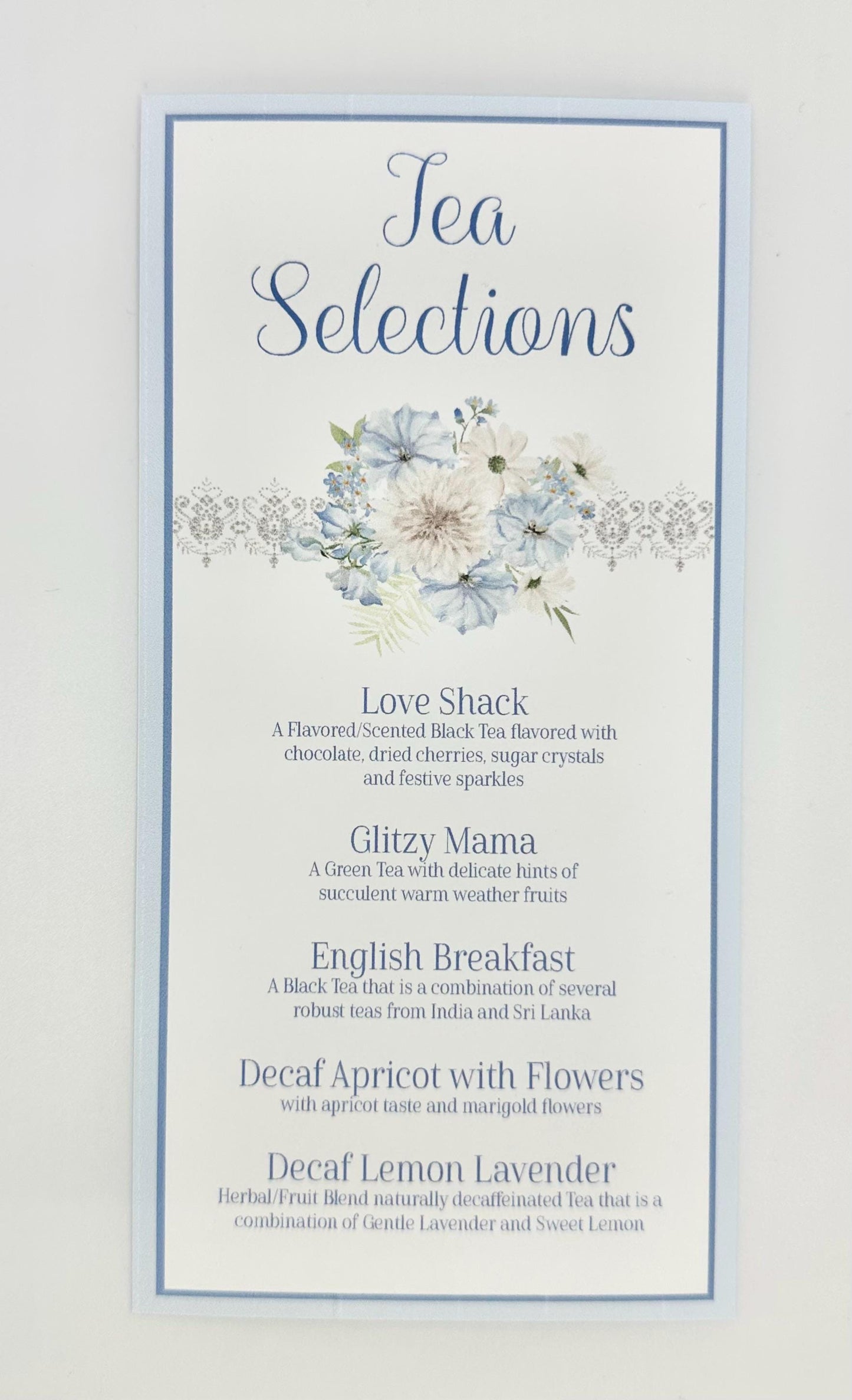 Beau-Tea-Ful Sky Blue Bouquets Tea Party Ensemble Invitation Favor Box Menu Place Card Bridal Baby Shower 80th Birthday Wedding Event plan