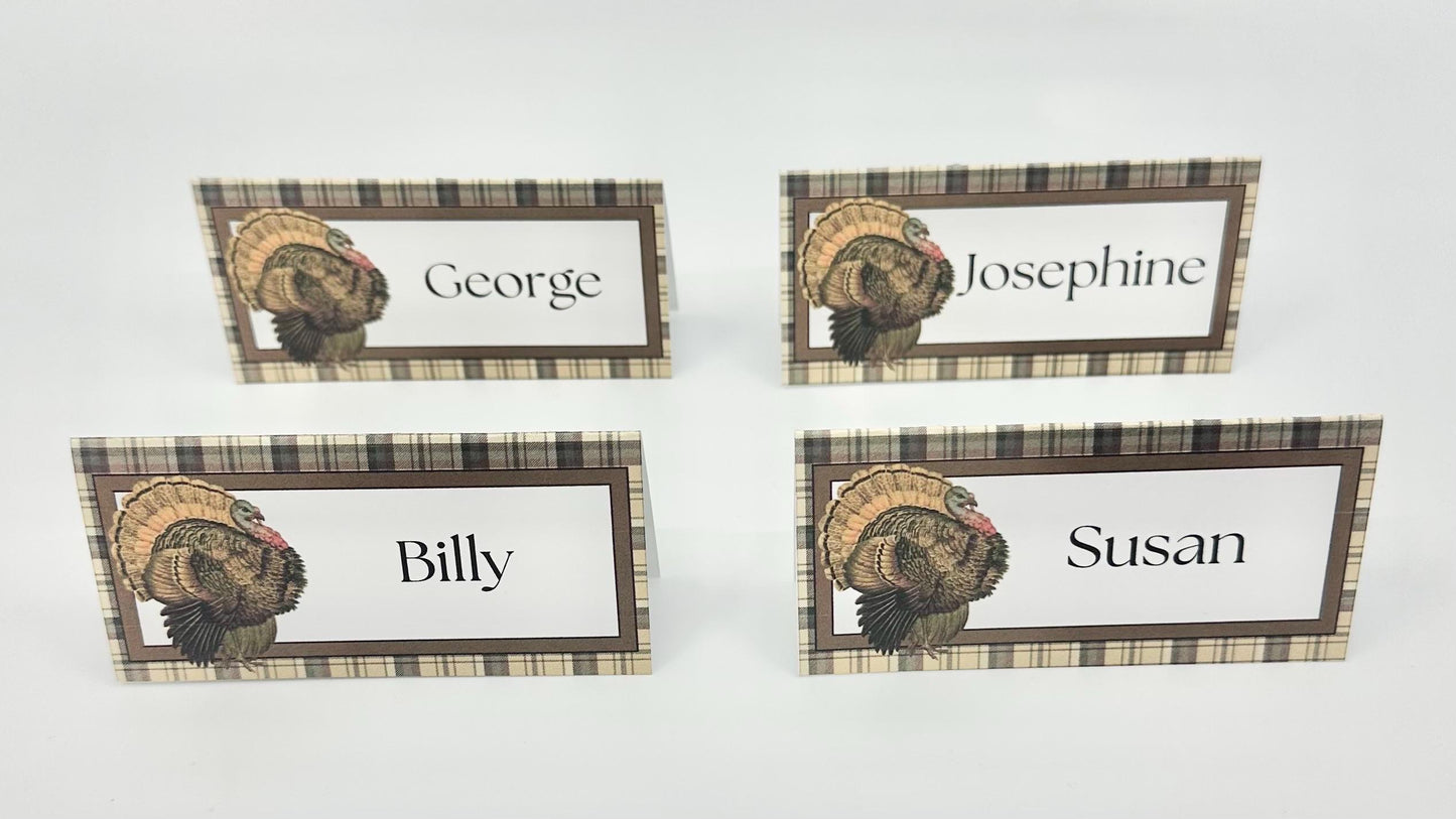 Digital Editable Thanksgiving Day Place Cards Turkey Plaid Table Seating Instant Download