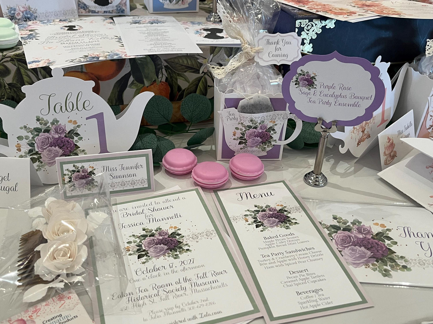 Personalized Purple Rose Sage and Eucalyptus Bouquet Bridal Shower Tea Party Favor