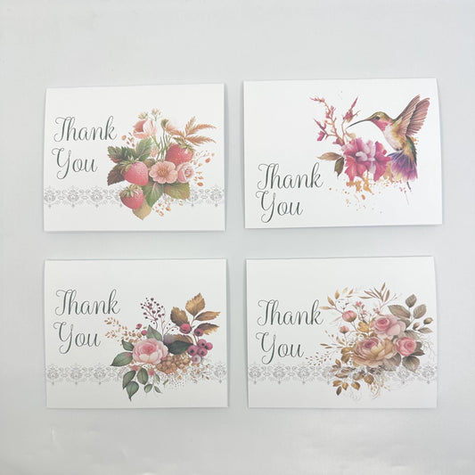 Thank You Cards Strawberry Hummingbird Rose Gold Pink Bouquet Pack of 4