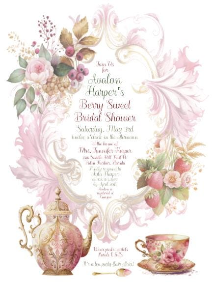 Digital Editable Strawberry Tea Party Bridal Shower Invitation