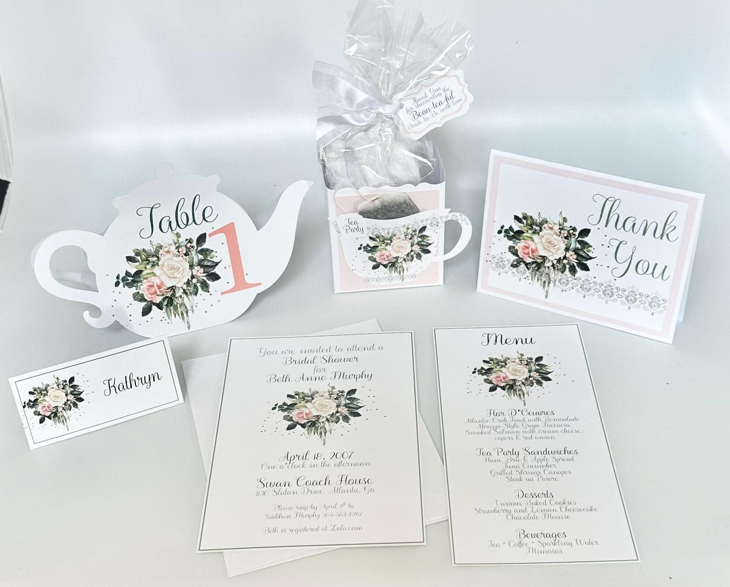 Bridal Shower Tea Party Menu: Floral Bouquet, Sage Green