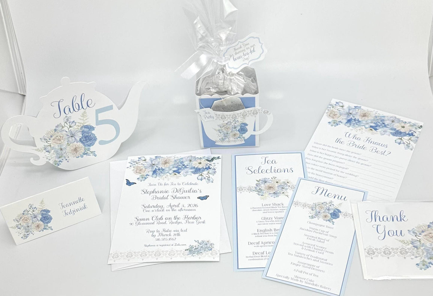 Beau-Tea-Ful Sky Blue Bouquets Tea Party Ensemble Invitation Favor Box Menu Place Card Bridal Baby Shower 80th Birthday Wedding Event plan
