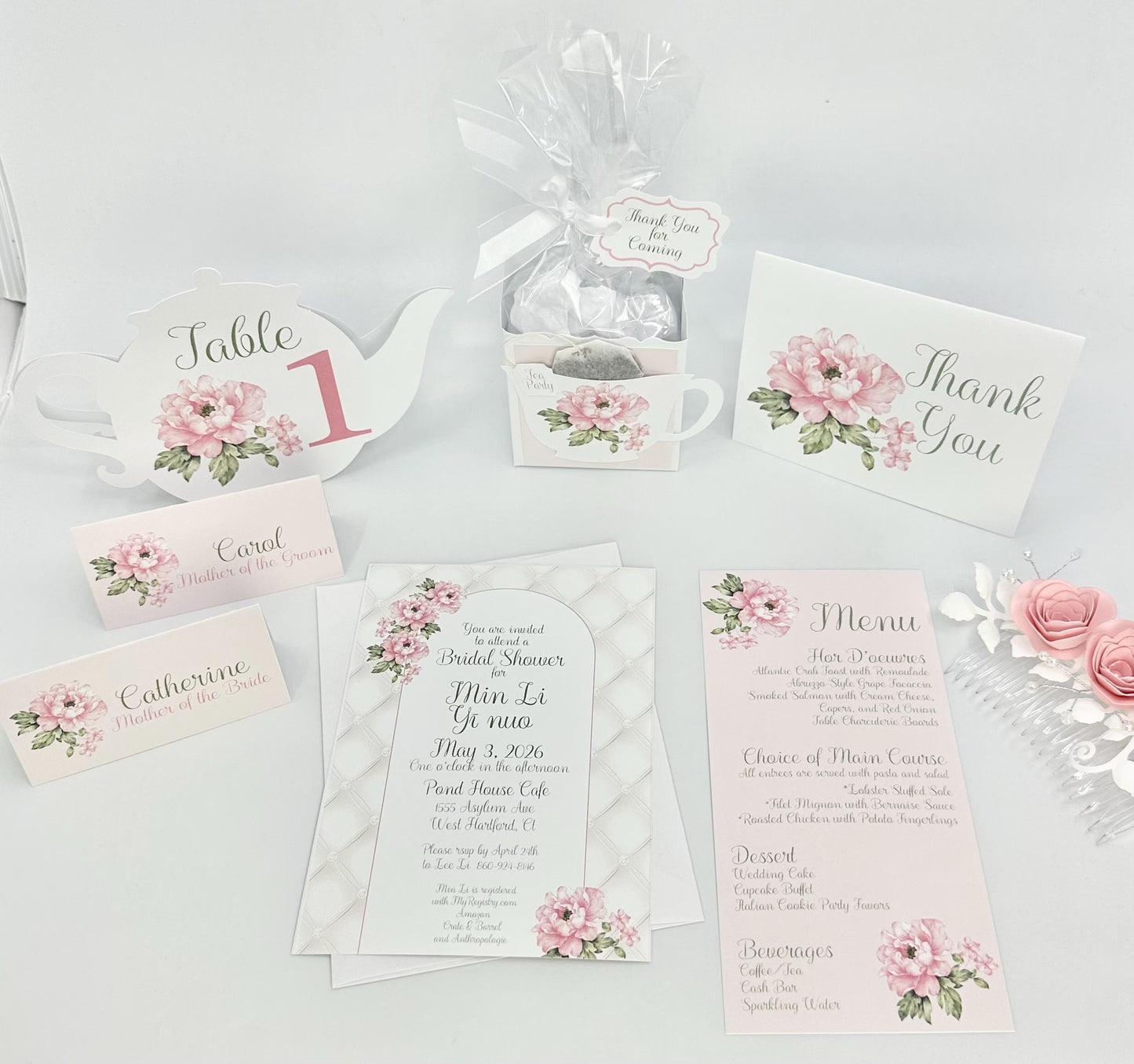 Pink Peony Bridal Shower Tea Party Kit: Tufted Invitation with Diamonds