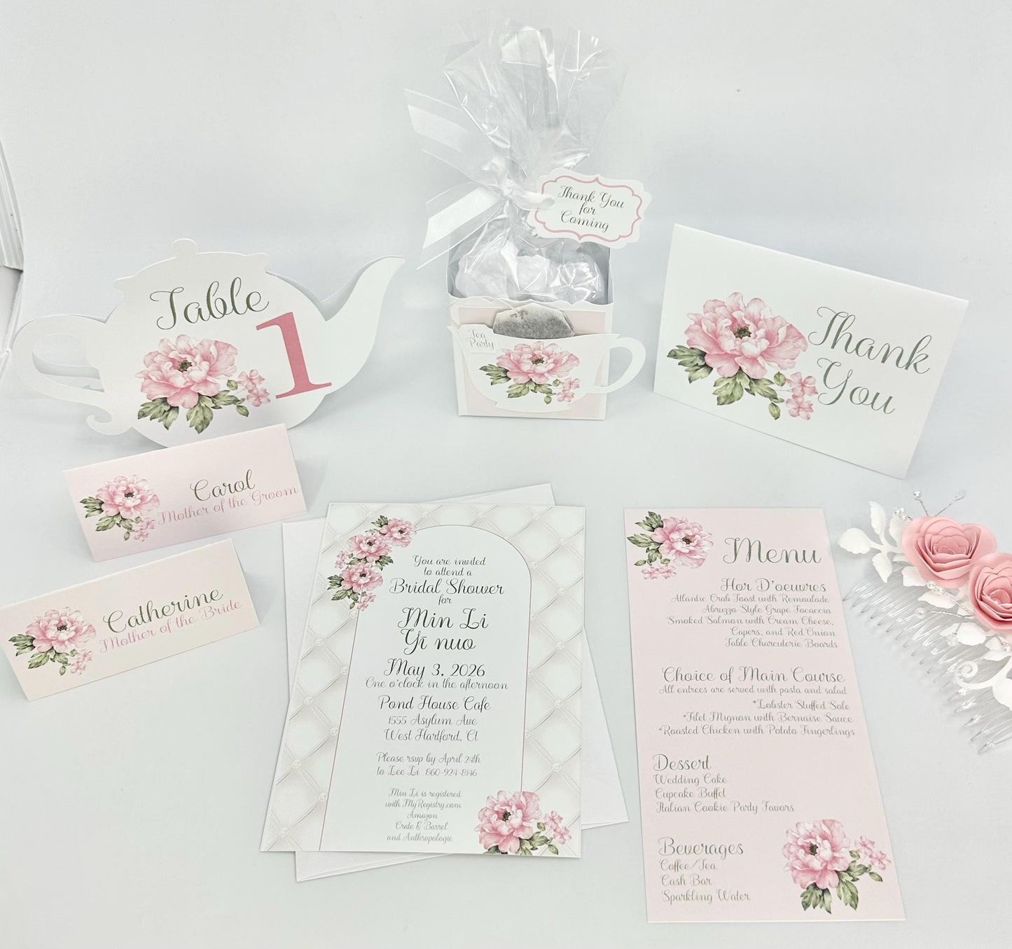 Pink Peony Bridal Shower Tea Party Kit: Invitation, Menu, Favor Box