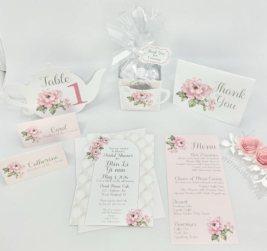Pink Peony Bridal Shower Tea Party Kit: Invitation, Menu, Favor Box