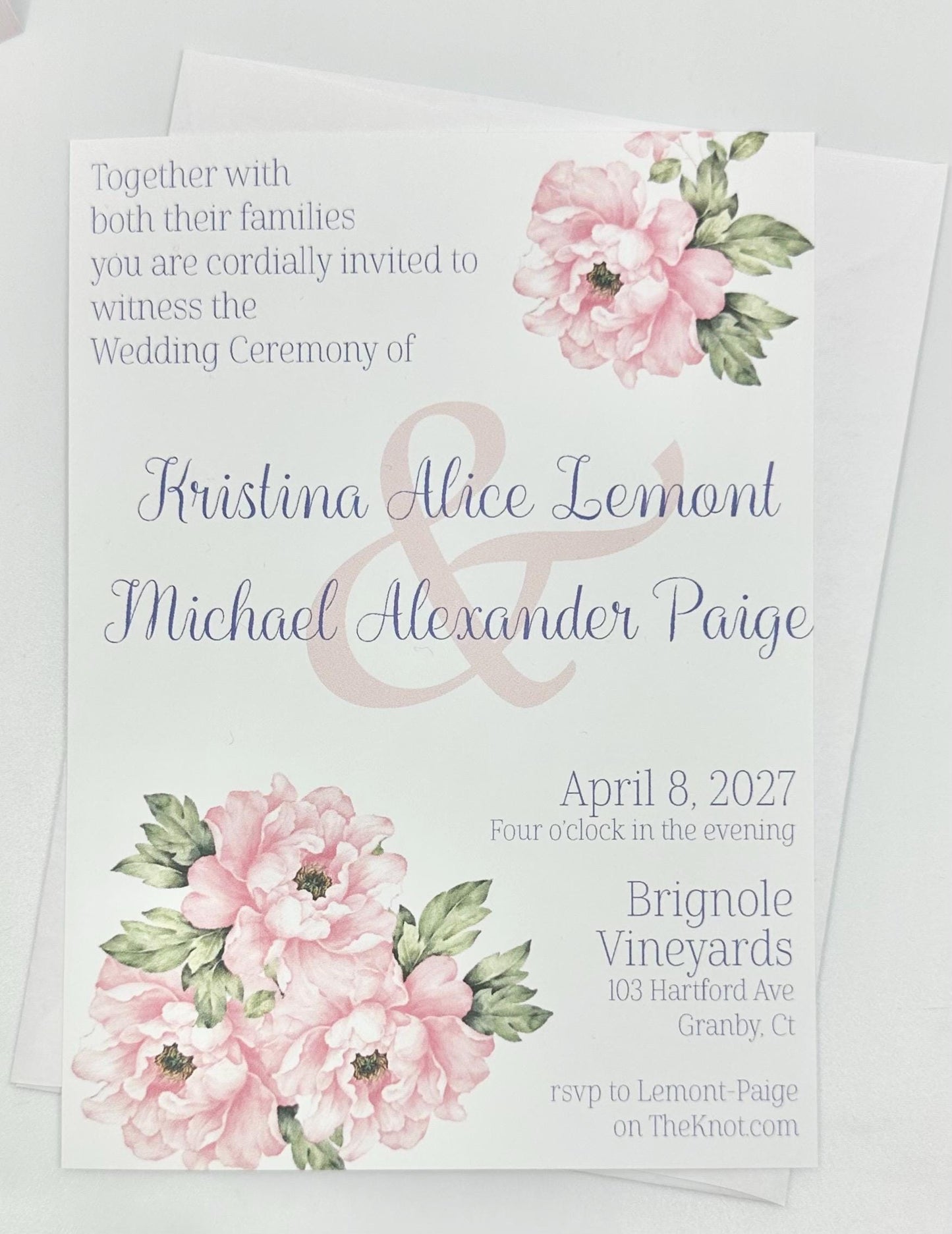 Pink Peony Wedding Invitation Ensemble: Menu, Favors, Place Cards