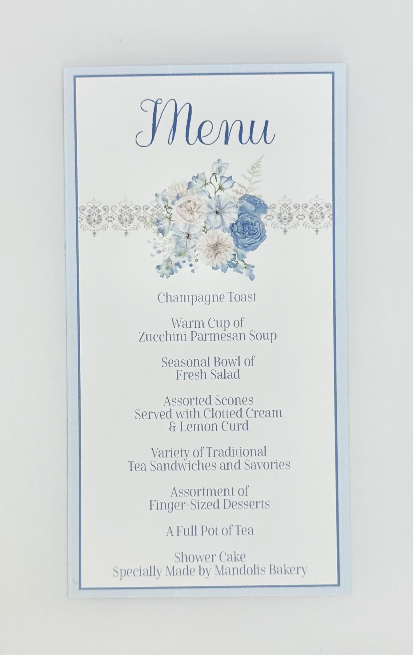 Beau-Tea-Ful Sky Blue Bouquets Tea Party Ensemble Invitation Favor Box Menu Place Card Bridal Baby Shower 80th Birthday Wedding Event plan