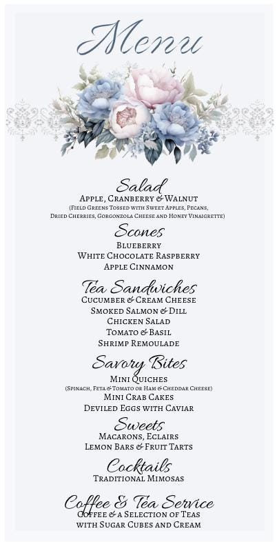 Floral Tea Party Menu Template, Editable Victorian Design (Digital)