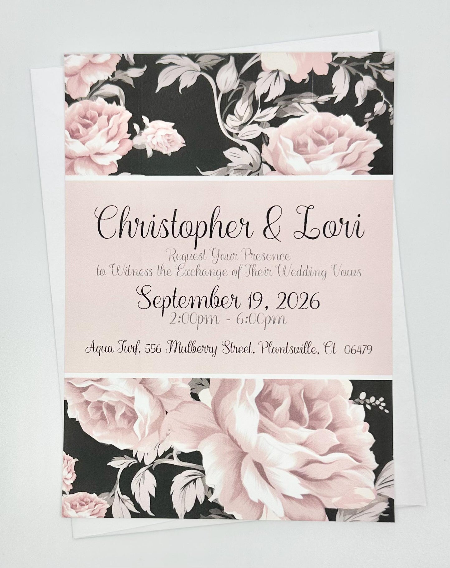 Black and Pink Floral Bouquet Wedding Invitation