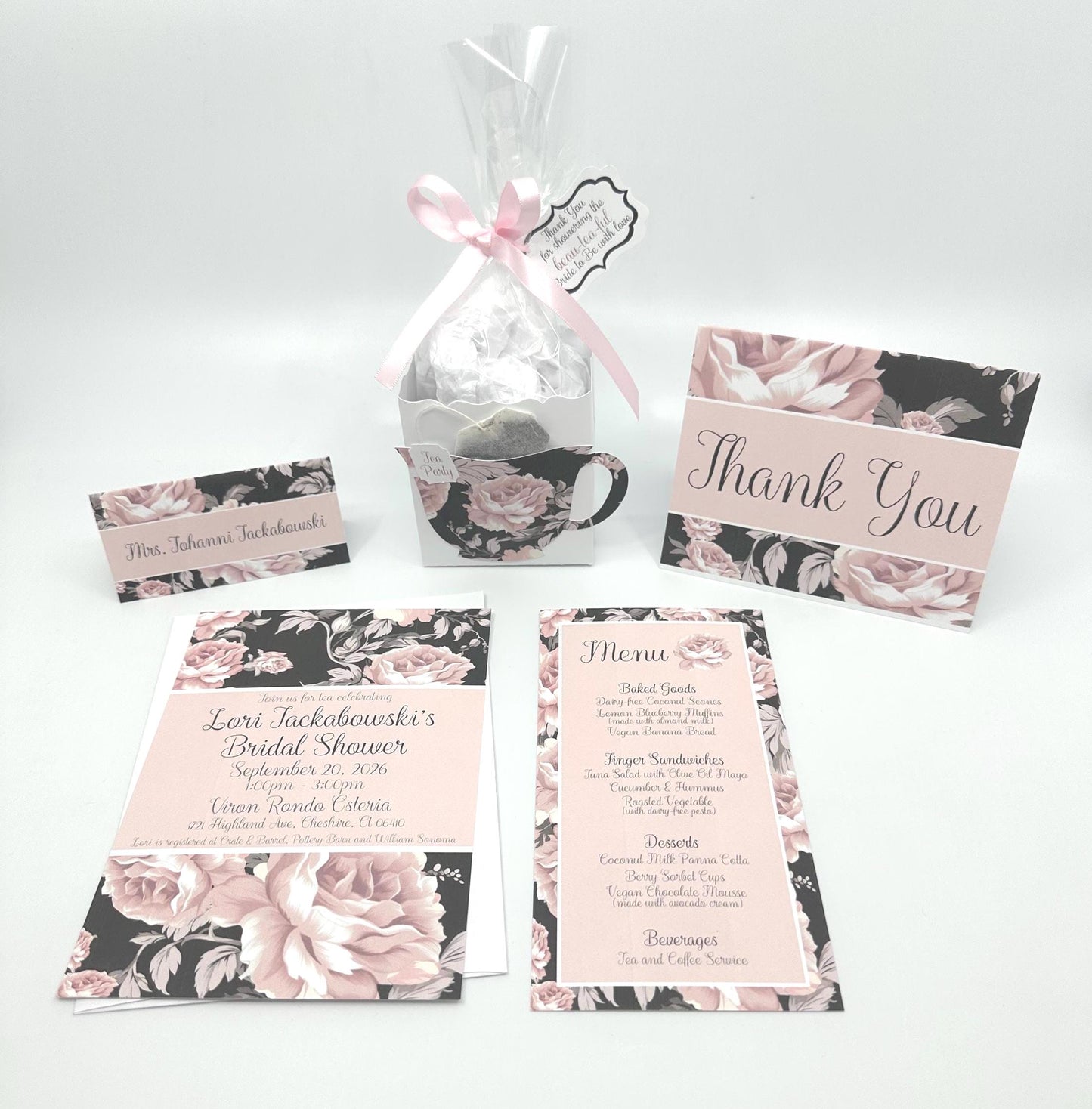 Bridal Shower Tea Party Invitation Party Pack Kit Black and Pink Floral Bouquet Ensemble