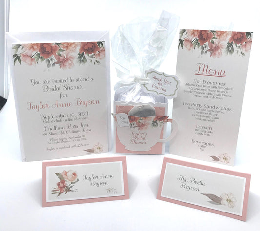 Fall Peony Beau-Tea-Ful Tea Party Ensemble Invite Favor Gift Box & Bag Place Card Bridal Baby Shower Wedding Adult Birthday Special Event