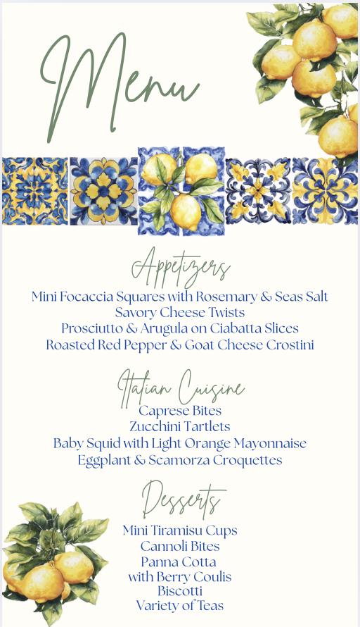 Amalfi Coast Bridal Shower Tea Party Digital Editable Menu Template