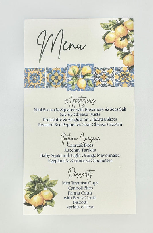 Amalfi Coast Bridal Shower Tea Party Digital Editable Menu Template