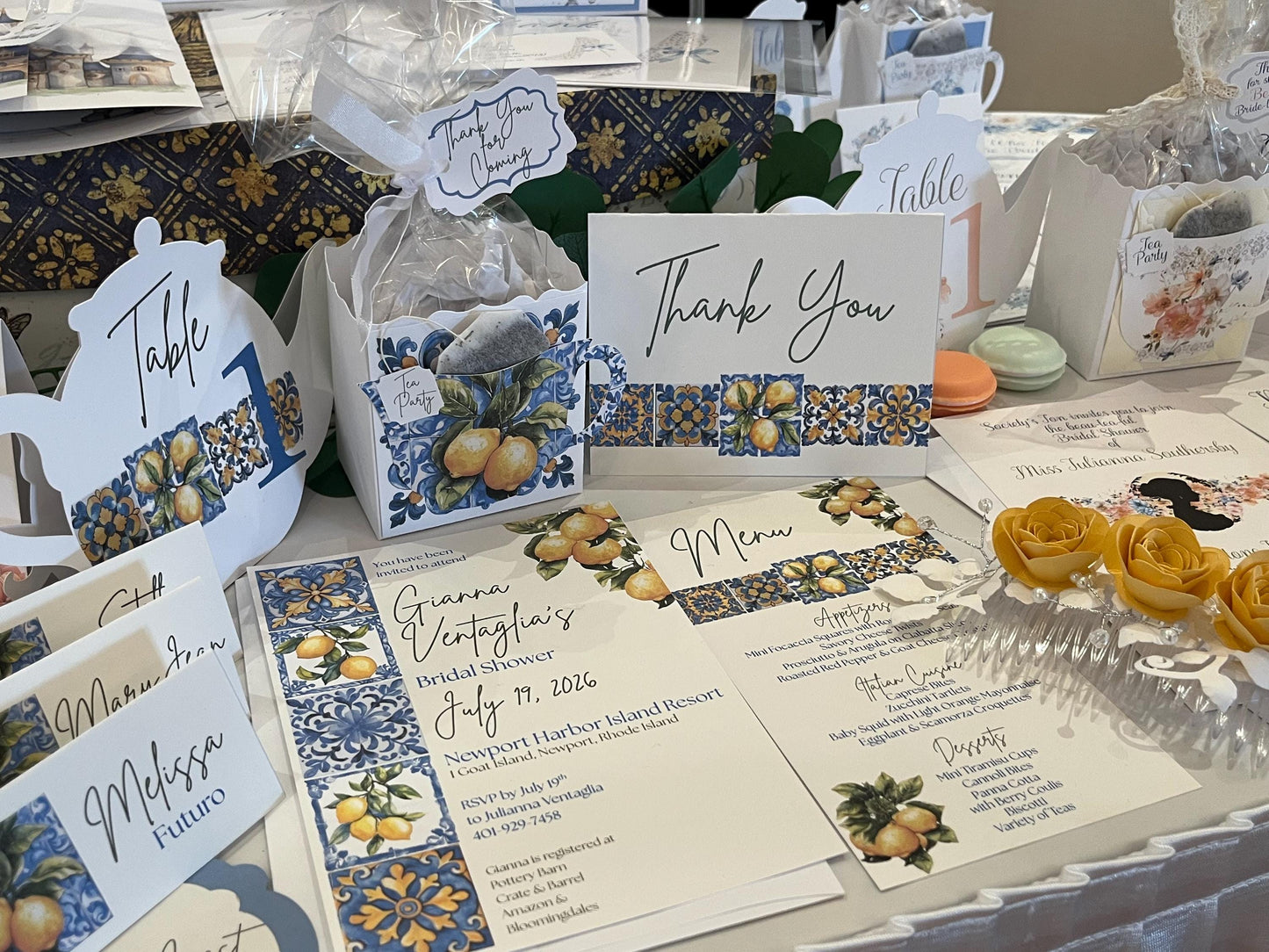 Amalfi Coast Lemons Cerulean Blue Tile Tea Party Favor Box Bag Bridal Shower Wedding