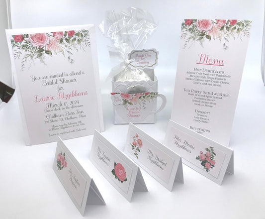 Sprig of Roses Tea Party Ensemble Invitation Menu Party Favor Gift Box & Bag and place card Bridal Baby Shower Birthday Event Planning