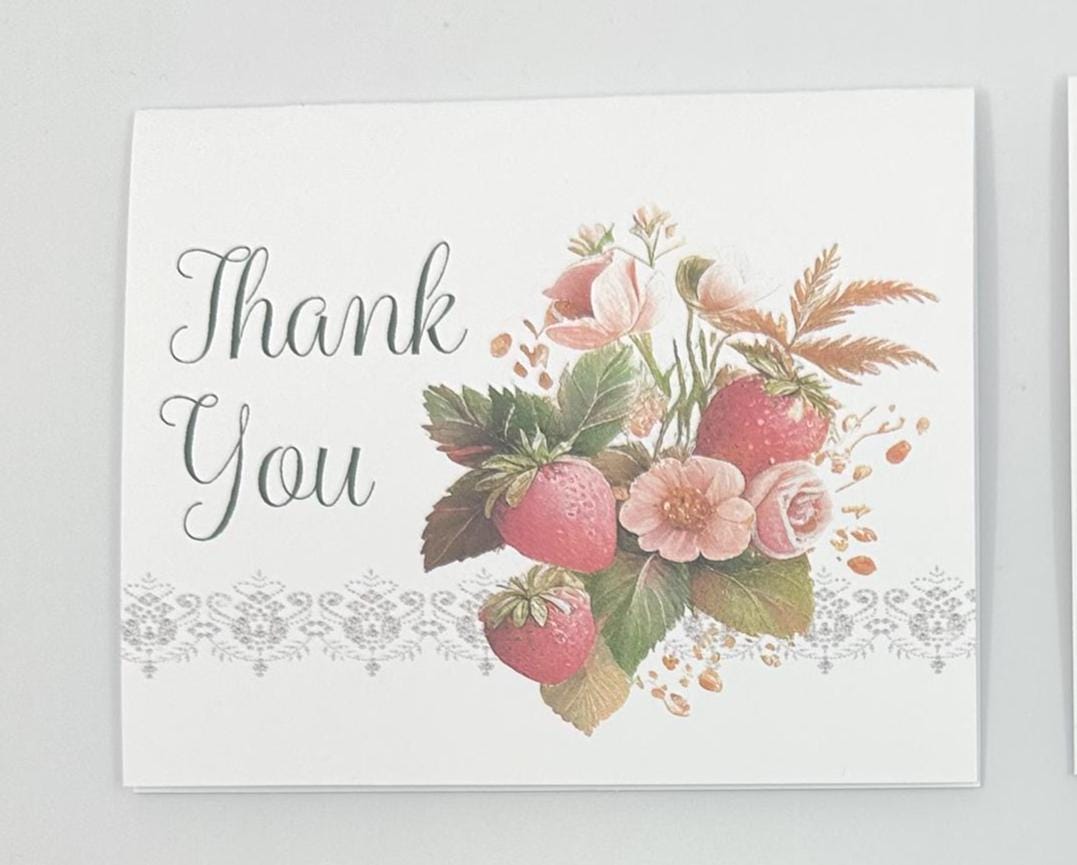 Thank You Cards Strawberry Hummingbird Rose Gold Pink Bouquet Pack of 4