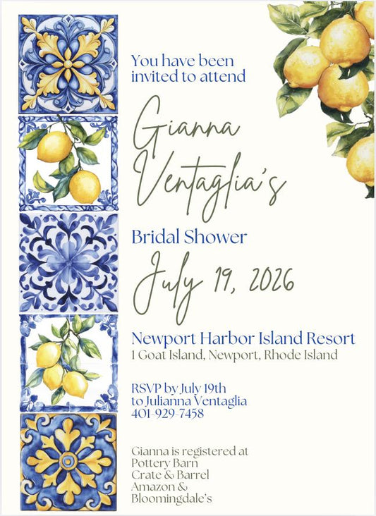 Digital Editable Bridal Shower Invitation Amalfi Coast Lemons Cerulean Blue Tiles Tea Party
