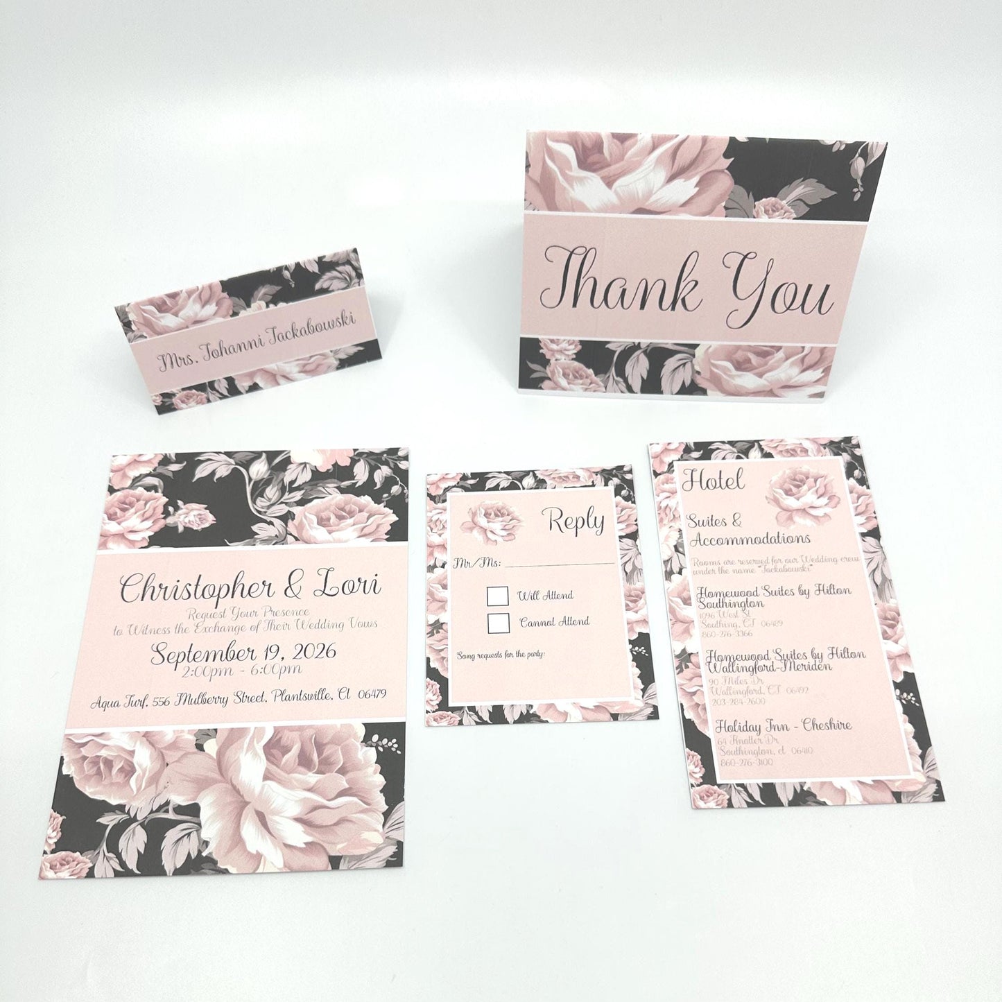 Wedding Invitation Party Pack Kit Black and Pink Floral Bouquet Ensemble
