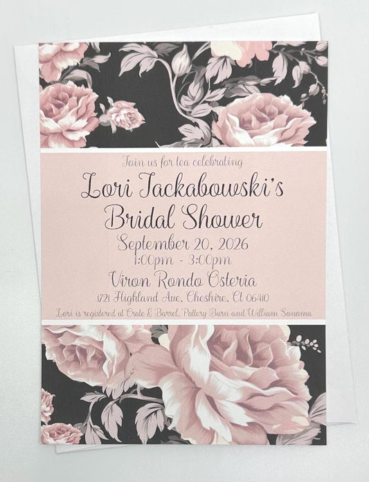 Bridal Shower Tea Party Invitation Party Pack Kit Black and Pink Floral Bouquet Ensemble
