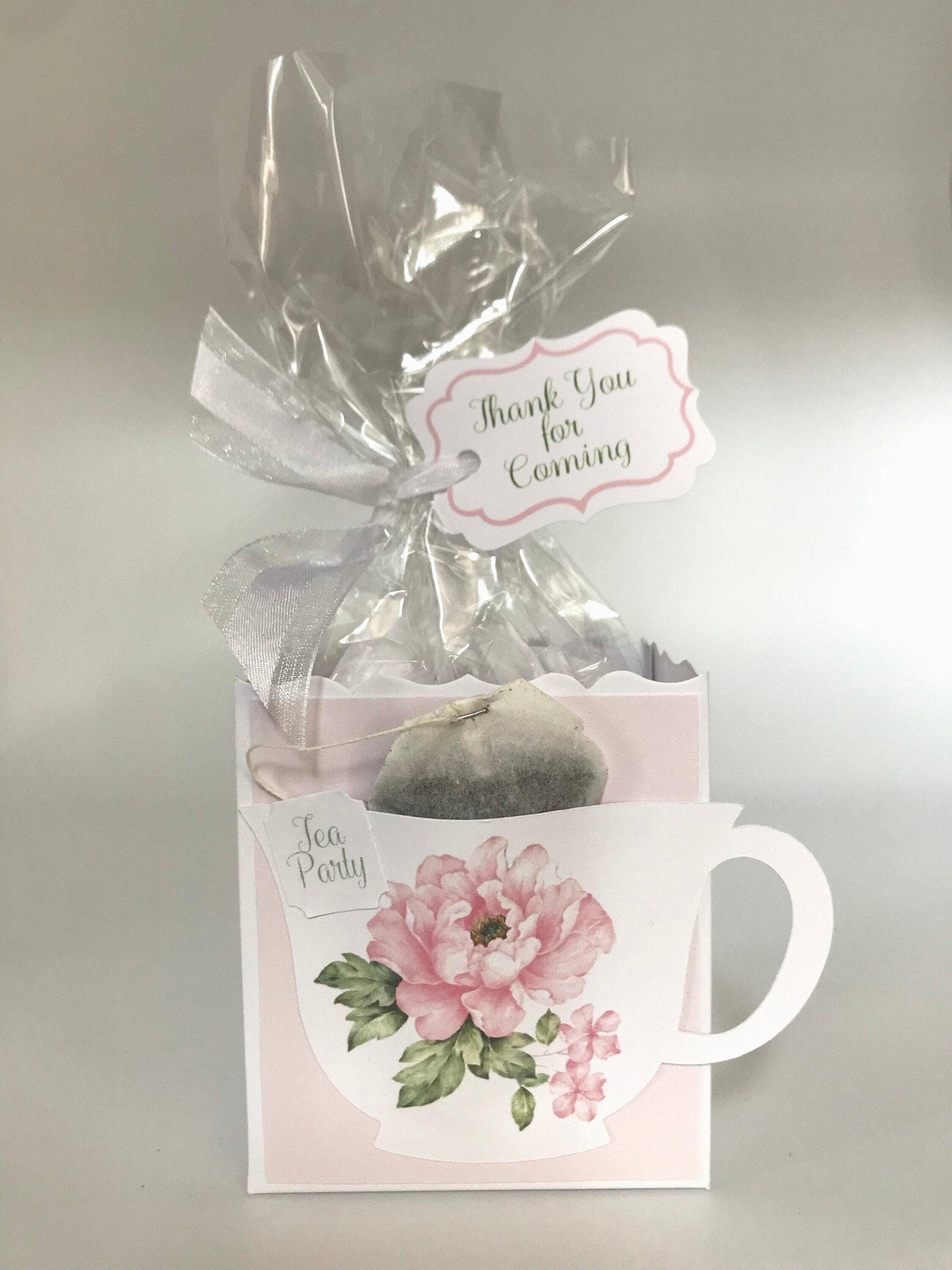 Pink Peony Tea Party Favor Box & Bag, Personalized Tag
