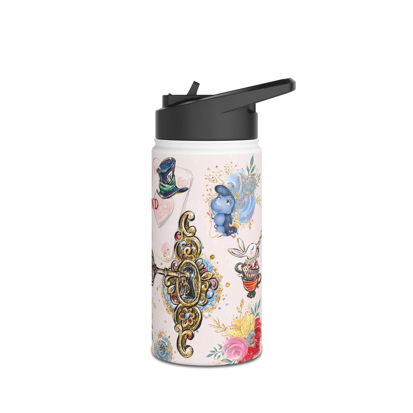 Alice in Wonderland Illustration Stainless Steel Water Bottle | Vintage Tea Party, Pocket Watch