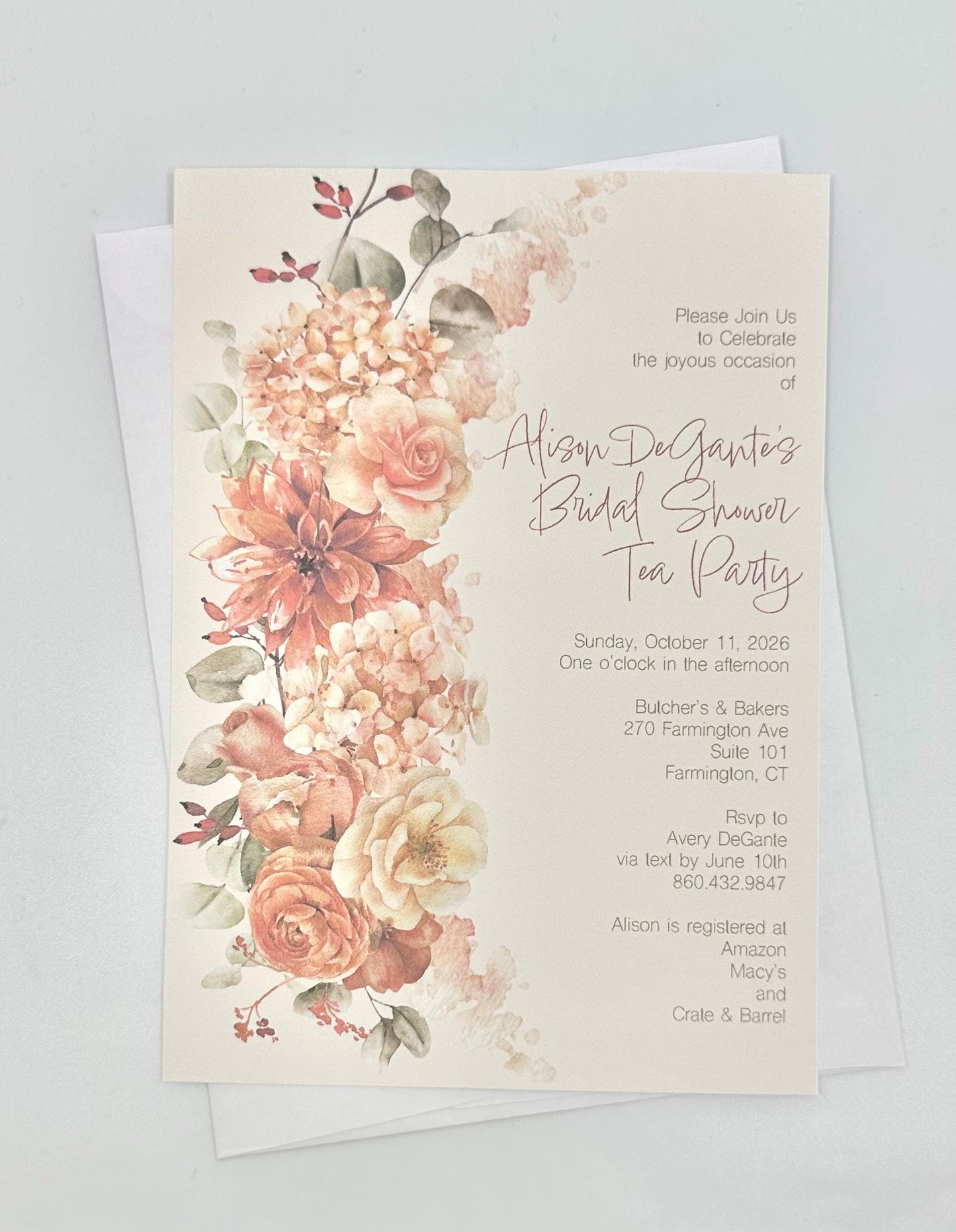 Terracotta Floral Tea Party Menu: Bridal Shower, Birthday, Wedding