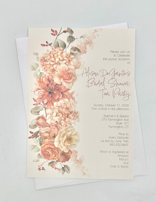 Terracotta Floral Tea Party Invitation: Bridal Shower, Birthday, Wedding