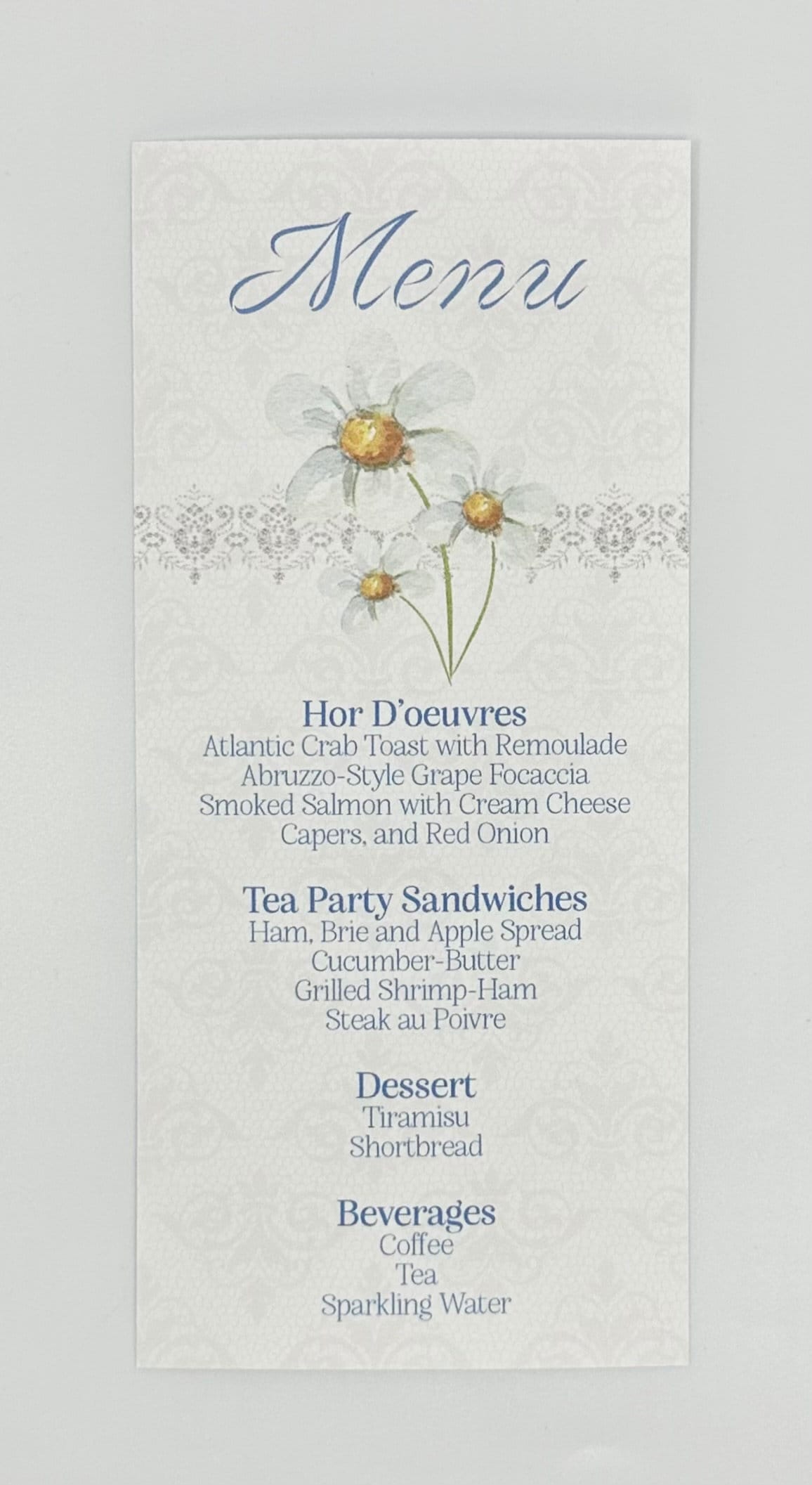 Trois Pâquerette Daisy Bouquet Tea Party Menu Bridal Baby Showers Birthdays