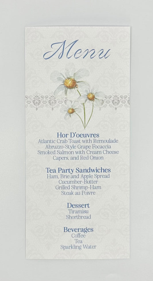 Trois Pâquerette Daisy Bouquet Tea Party Menu Bridal Baby Showers Birthdays