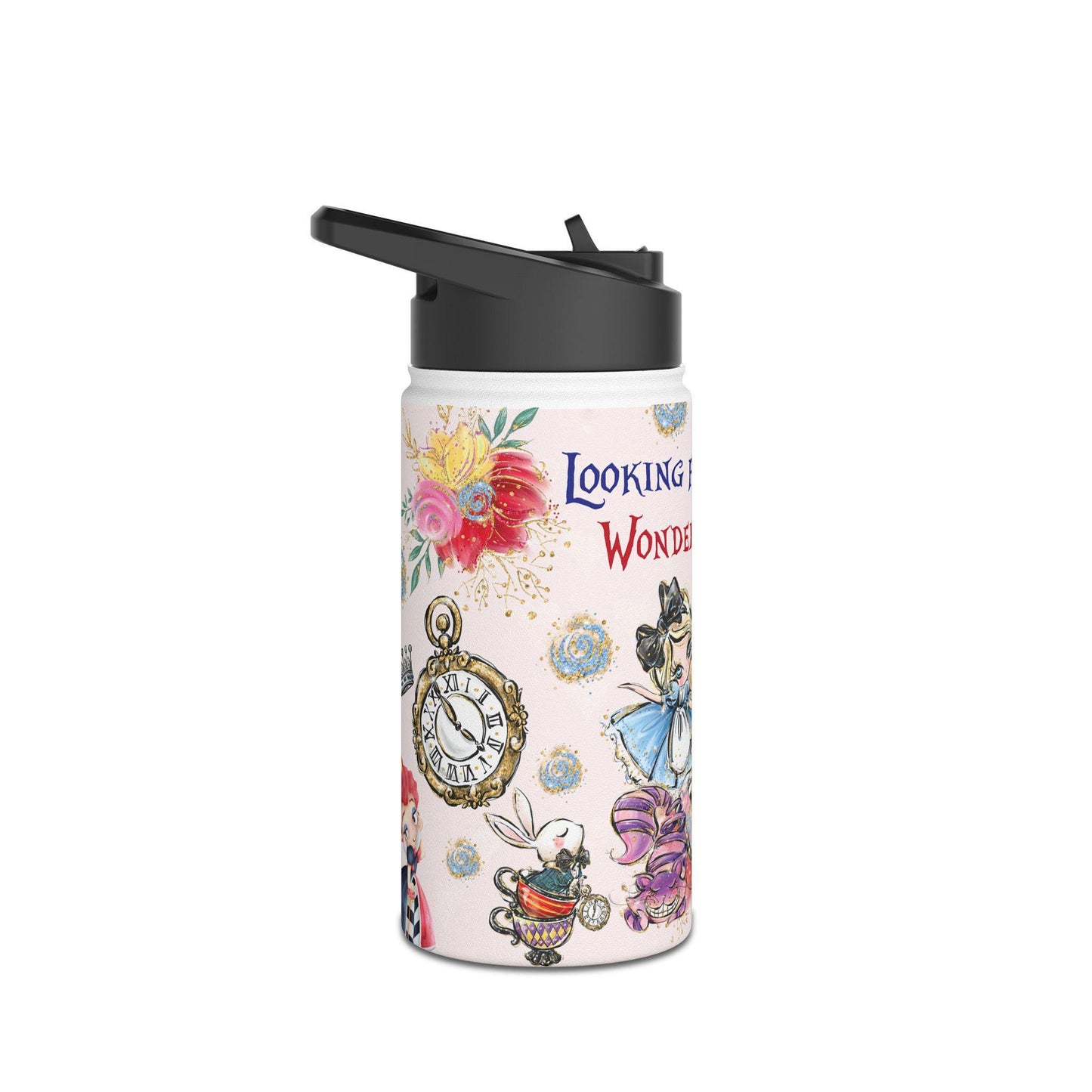 Alice in Wonderland Illustration Stainless Steel Water Bottle | Vintage Tea Party, Pocket Watch