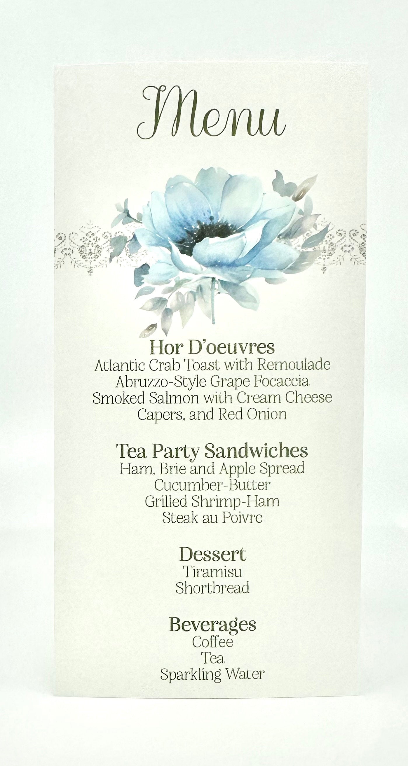 Blue Poppy Anemone Bouquet Tea Party Menu Bridal Shower
