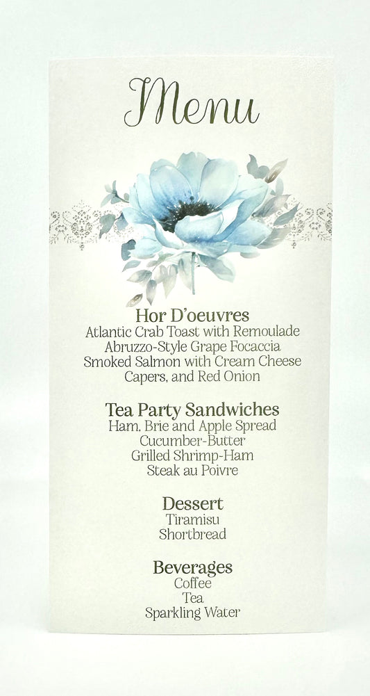 Blue Poppy Anemone Bouquet Tea Party Menu Bridal Shower