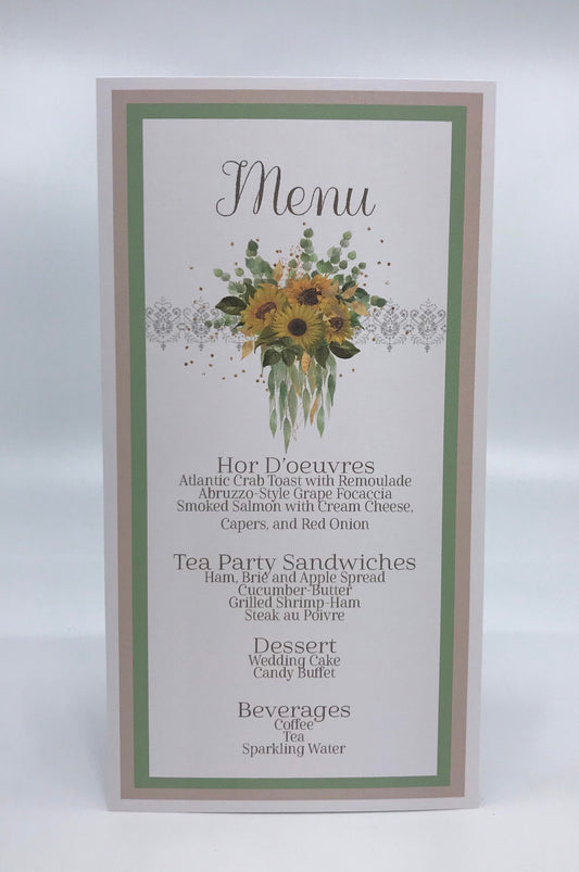 Bridal Shower Tea Party Menu Sunflowers and Eucalyptus Bouquet