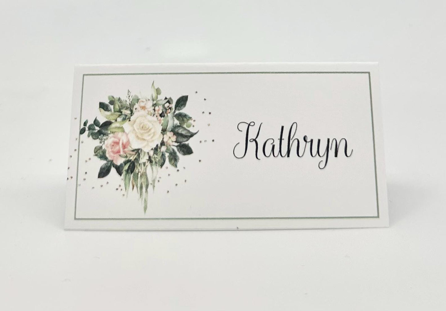 Bridal Shower Tea Party Table Seating Assignment Place Cards: Floral Bouquet, Sage Green