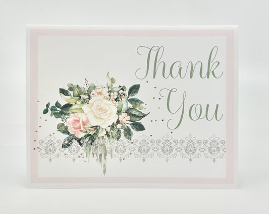 Digital Thank You Note Card: Sage Green Blush and Cream Floral Bouquet