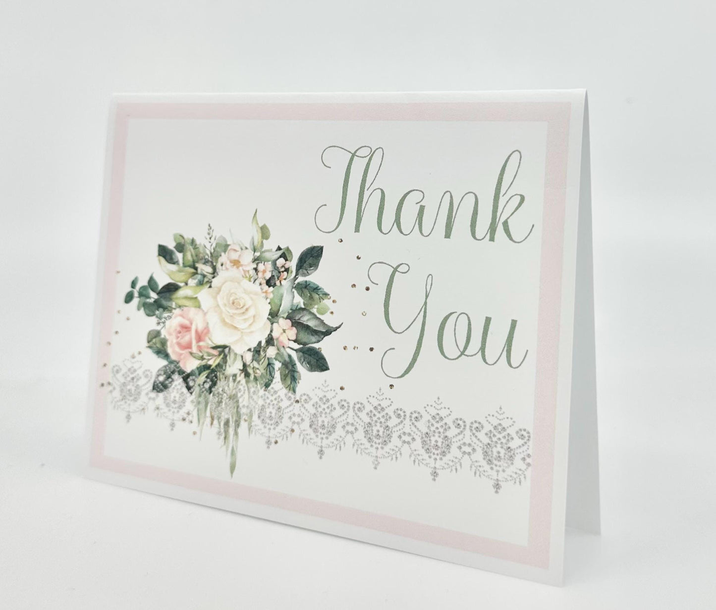 Digital Thank You Note Card: Sage Green Blush and Cream Floral Bouquet
