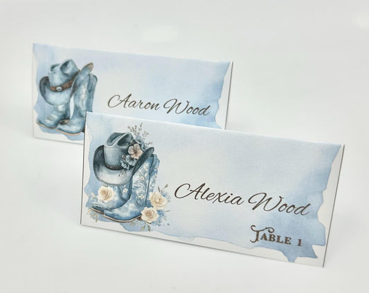 Blue Cowgirl Cowboy blue and white wildflowers place cards