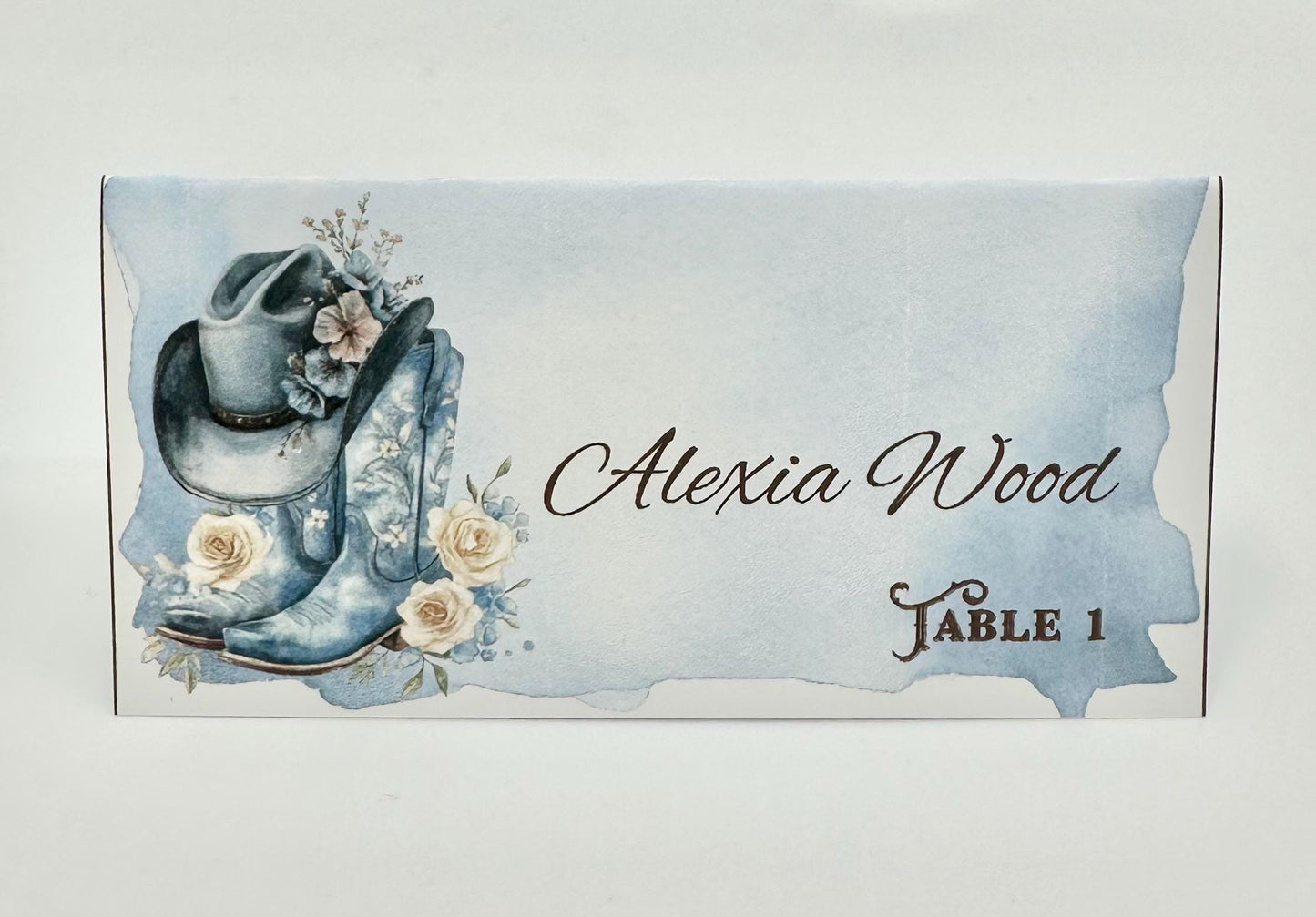 Blue Cowgirl Cowboy blue and white wildflowers place cards