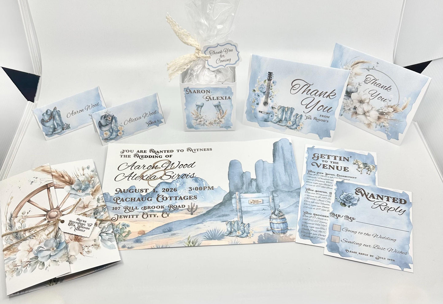 Blue Cowgirl Cowboy blue and white wildflowers Party Favor Gift Box Bag Tag