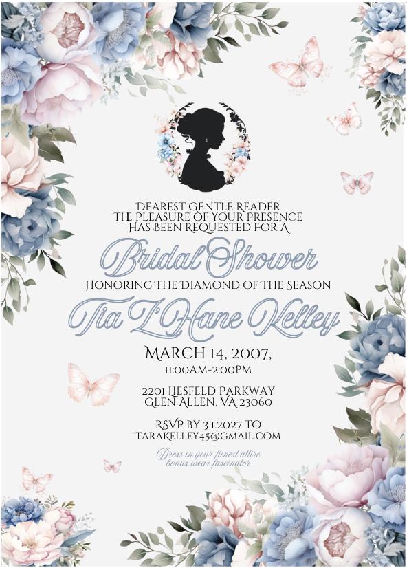 Digital Victorian Silhouette Blue Pink and Cream Floral Bouquet Bridal Shower Invitation Editable