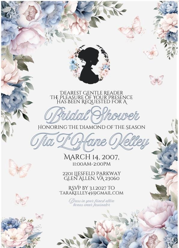 Digital Victorian Silhouette Blue Pink and Cream Floral Bouquet Bridal Shower Invitation Editable